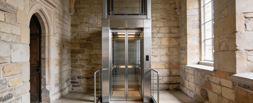low pit and head room lift in an historic building