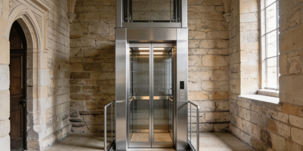 low pit and head room lift in an historic building
